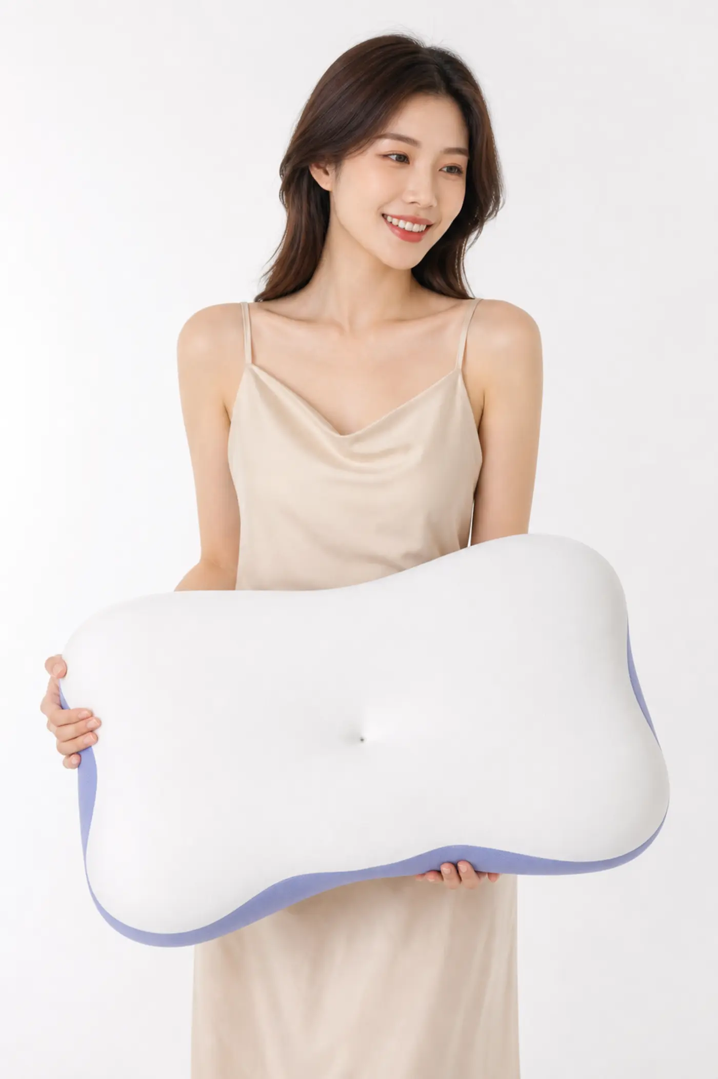 Mortise-Tenon Butterfly YF012 white and lavender dual-core memory foam pillow held by model